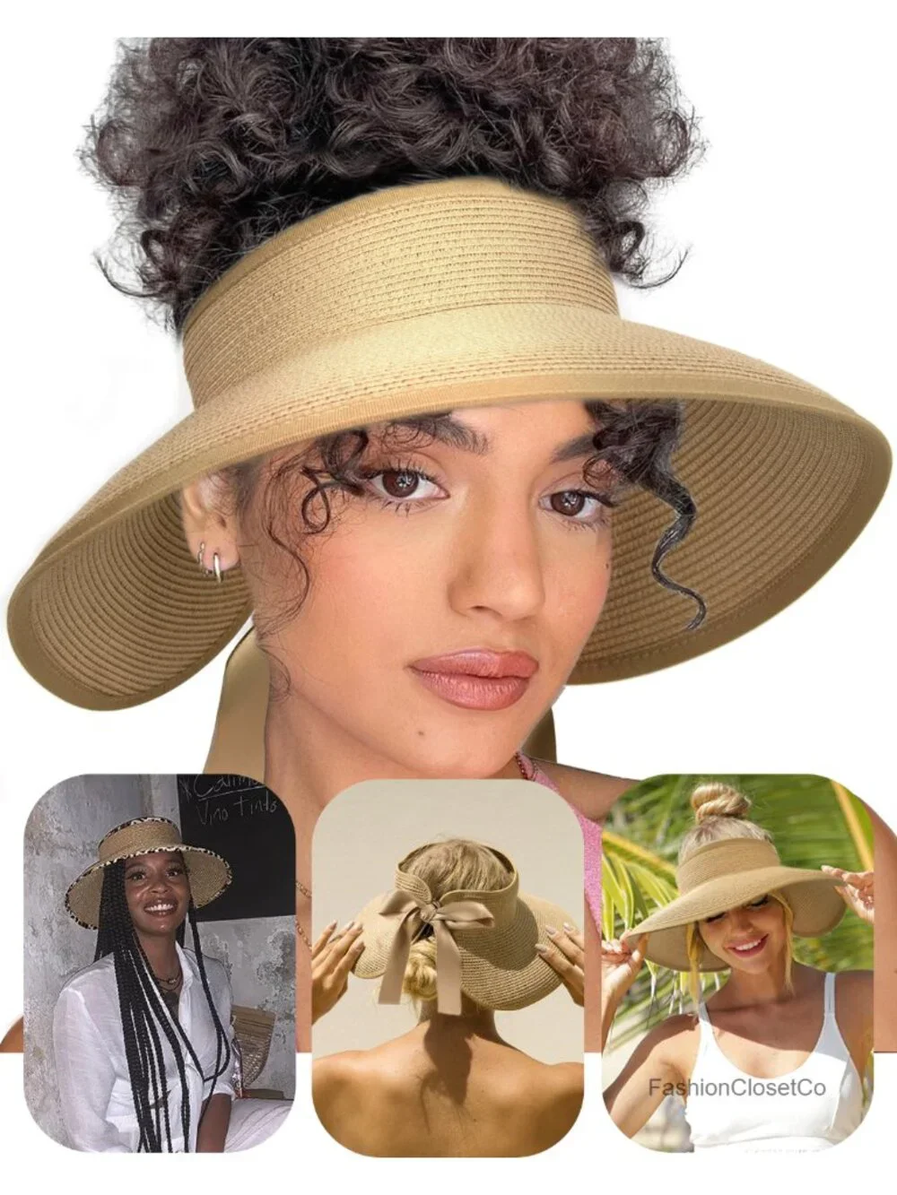 Straw Visor Hat Wide Brim UPF 50+ Foldable Packable Summer Sun Hat